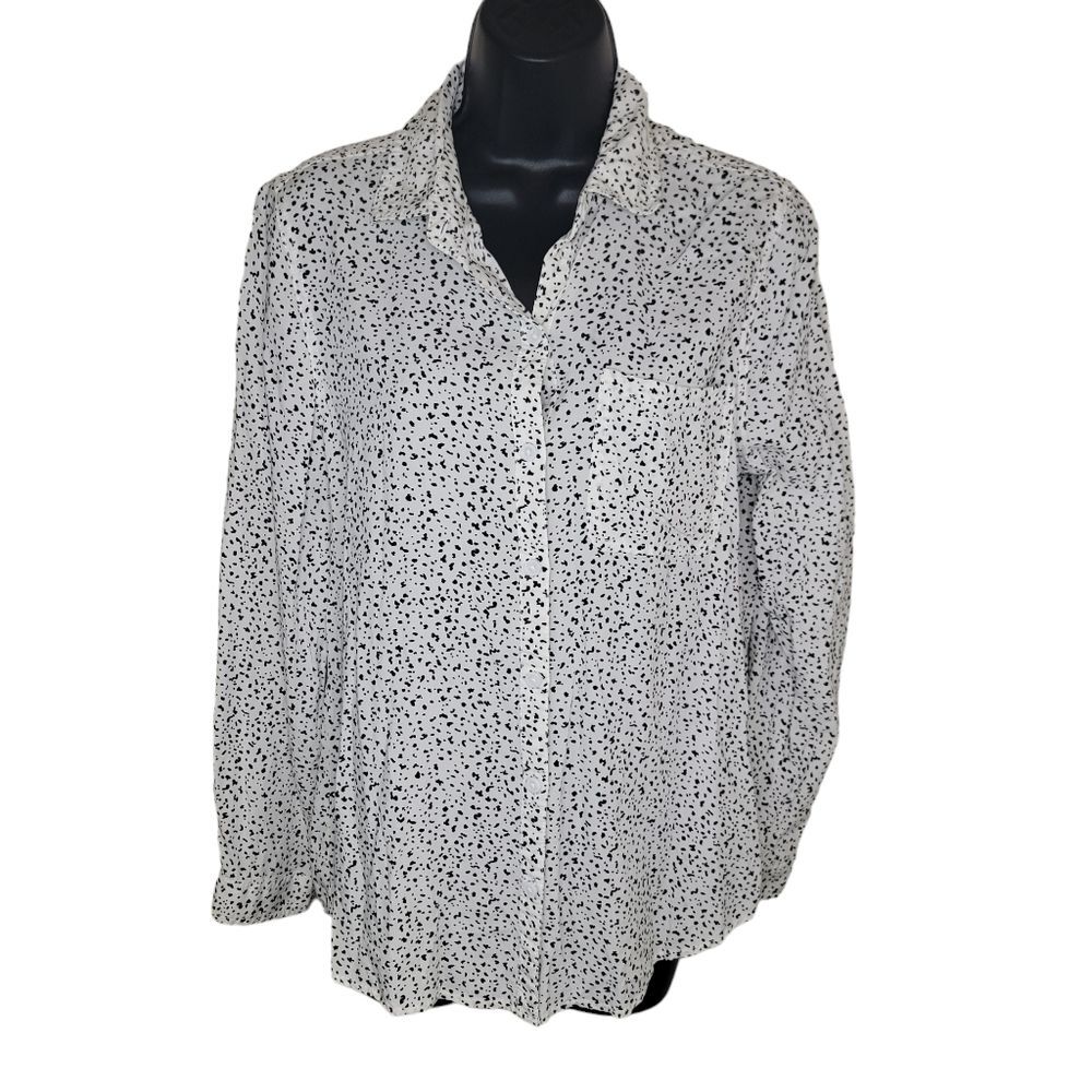 BEACHLUNCHLOUNGE Black Polkadot Long Sleeve Button Down Shirt Medium Lagenlook